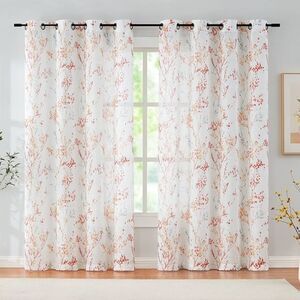 Treatmentex White Panel Curtains w/Red, Orange & Gray Abstract Design (6 Panels)